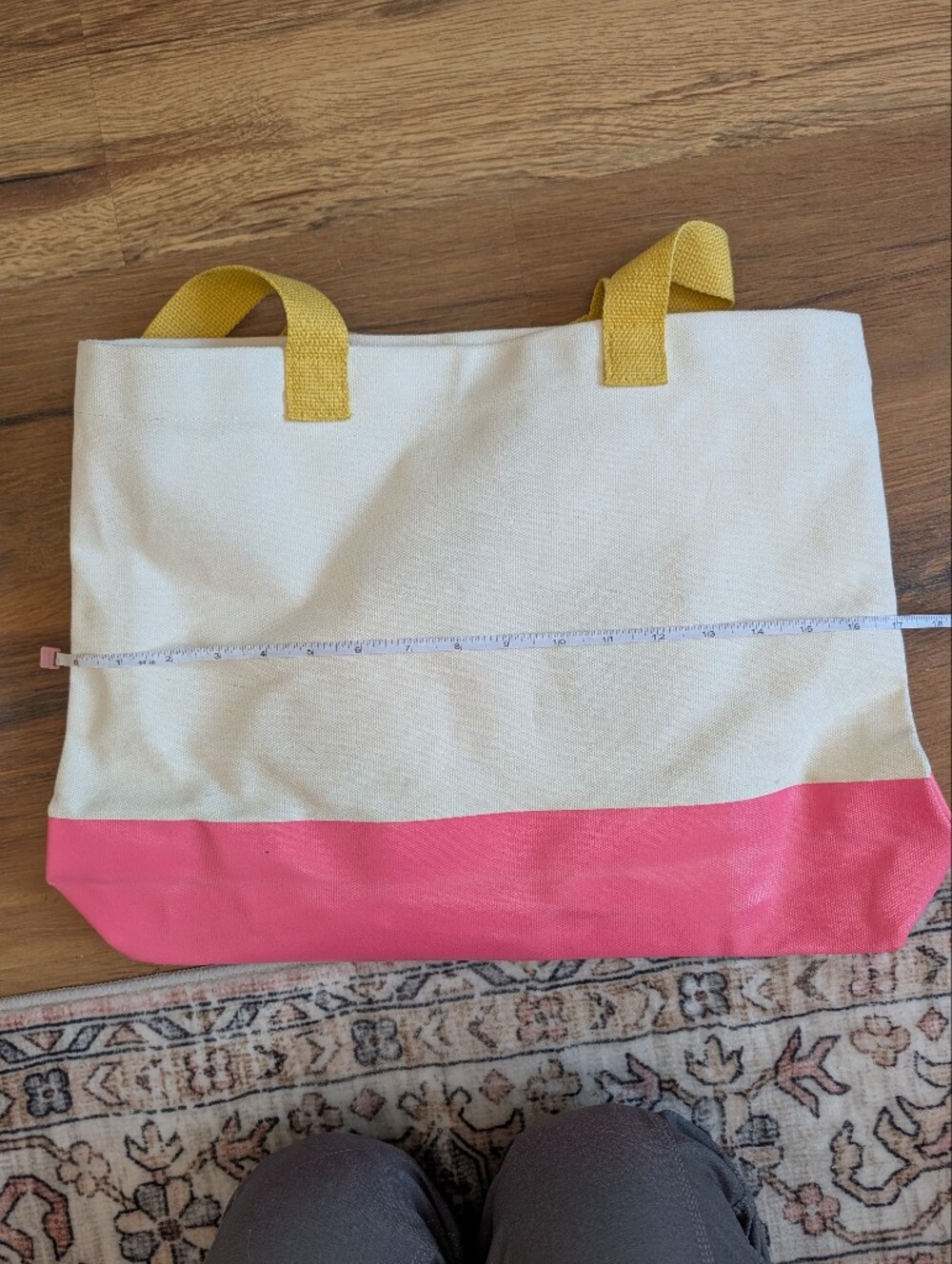 Benefit Beauty Cream Canvas Tote with Pink Base and Yellow Straps Ladies Faces - Picture 6 of 9